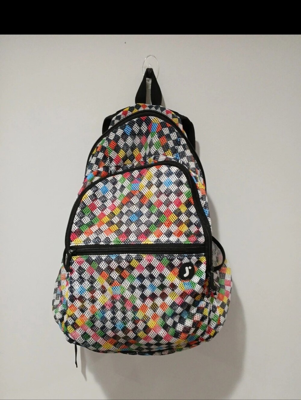 J WORLD Multi-Color Mesh Backpack Checker Geometric Print Bookbag Gym School
